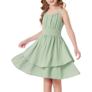 GRACE KARIN Girls Summer Cami Dress Casual Party Beach Spaghetti Strap Flowy Tiered Ruched Sundress 7-14Years(Light Green)