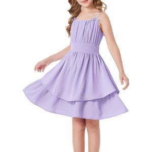 GRACE KARIN Girls Summer Cami Dress Casual Party Beach Spaghetti Strap Flowy Tiered Ruched Sundress 7-14Years(Light Purple)