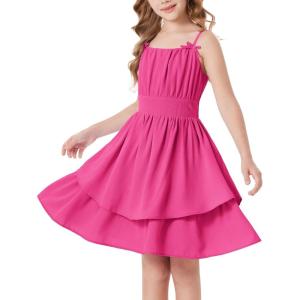 GRACE KARIN Girls Summer Cami Dress Casual Party Beach Spaghetti Strap Flowy Tiered Ruched Sundress 7-14Years(Rose Red)