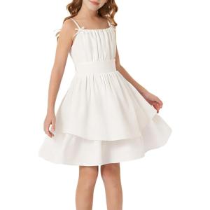 GRACE KARIN Girls Summer Cami Dress Casual Party Beach Spaghetti Strap Flowy Tiered Ruched Sundress 7-14Years(White)