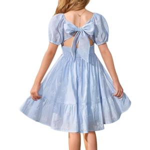 GRACE KARIN Girls Summer Tie Back Dress Square Neck Lantern Sleeve Ruffle Hem Elegant Dresses for 7-14 Years(Blue)