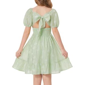 GRACE KARIN Girls Summer Tie Back Dress Square Neck Lantern Sleeve Ruffle Hem Elegant Dresses for 7-14 Years(Green)