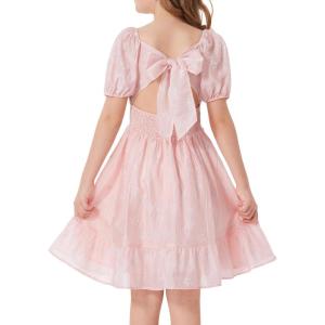 GRACE KARIN Girls Summer Tie Back Dress Square Neck Lantern Sleeve Ruffle Hem Elegant Dresses for 7-14 Years(Pink)