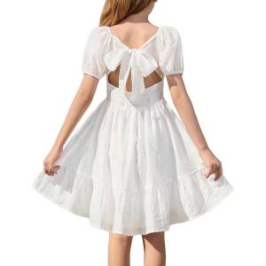 GRACE KARIN Girls Summer Tie Back Dress Square Neck Lantern Sleeve Ruffle Hem Elegant Dresses for 7-14 Years(White)