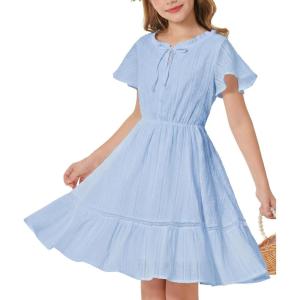 GRACE KARIN Girls Swiss Dot Dress Cotton Casual Summer Short Sleeve A Line Party Birthday Beach Kids 7-14(Light Blue)