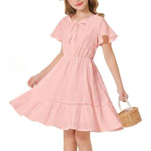 GRACE KARIN Girls Swiss Dot Dress Cotton Casual Summer Short Sleeve A Line Party Birthday Beach Kids 7-14(Light Pink)