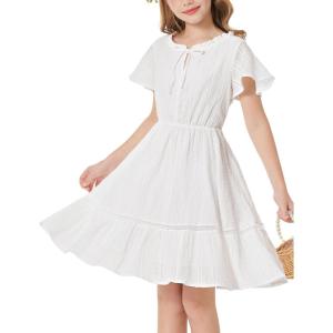 GRACE KARIN Girls Swiss Dot Dress Cotton Casual Summer Short Sleeve A Line Party Birthday Beach Kids 7-14(White)
