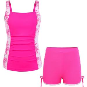 GRACE KARIN Girls Tankini Swimsuit Tropical Bathing Suits Girl Padded Swim Suit Kids Two Piece Swimwear(Hot Pink)