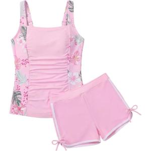 GRACE KARIN Girls Tankini Swimsuit Tropical Bathing Suits Girl Padded Swim Suit Kids Two Piece Swimwear(Pink)