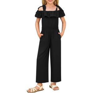 GRACE KARIN Girls Wide Leg Jumpsuit Summer Romper Kids Casual One Piece Off Shoulder Ruffle with Pockets Size 7-14(Black)