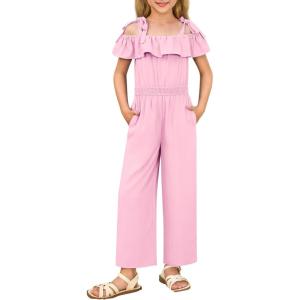 GRACE KARIN Girls Wide Leg Jumpsuit Summer Romper Kids Casual One Piece Off Shoulder Ruffle with Pockets Size 7-14(Pink)