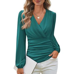 GRACE KARIN Long Sleeve Blouses for Women Dressy Casual, Wrap Tops Work Shirts, 2026 Spring Business Outfits(Blue Green 2)