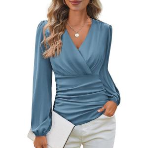 GRACE KARIN Long Sleeve Blouses for Women Dressy Casual, Wrap Tops Work Shirts, 2026 Spring Business Outfits(Haze Blue)
