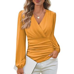 GRACE KARIN Long Sleeve Blouses for Women Dressy Casual, Wrap Tops Work Shirts, 2026 Spring Business Outfits(Mustard Yellow)