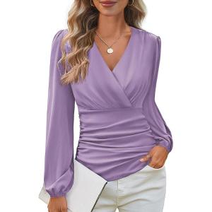 GRACE KARIN Long Sleeve Blouses for Women Dressy Casual, Wrap Tops Work Shirts, 2026 Spring Business Outfits(Pink Purple 2)