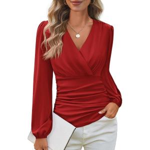 GRACE KARIN Long Sleeve Blouses for Women Dressy Casual, Wrap Tops Work Shirts, 2026 Spring Business Outfits(Red)
