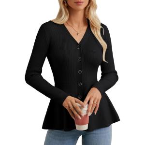GRACE KARIN Long Sleeve Cardigan Sweaters for Women, Button Up Knit Blazer, Lightweight Business Casual Peplum Tops(Black)
