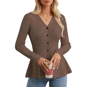 GRACE KARIN Long Sleeve Cardigan Sweaters for Women, Button Up Knit Blazer, Lightweight Business Casual Peplum Tops(Brown)