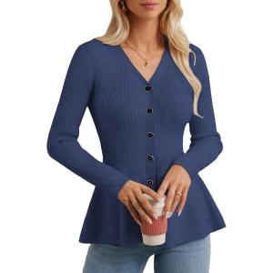GRACE KARIN Long Sleeve Cardigan Sweaters for Women, Button Up Knit Blazer, Lightweight Business Casual Peplum Tops(Grey Blue)