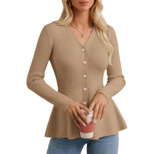 GRACE KARIN Long Sleeve Cardigan Sweaters for Women, Button Up Knit Blazer, Lightweight Business Casual Peplum Tops(Khaki)