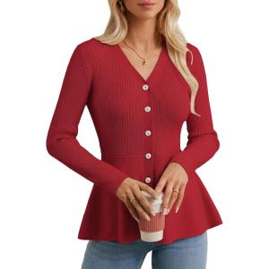GRACE KARIN Long Sleeve Cardigan Sweaters for Women, Button Up Knit Blazer, Lightweight Business Casual Peplum Tops(Red)