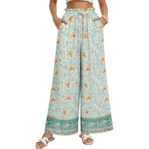 GRACE KARIN Palazzo Pants for Women, Ruffle Drawstring Flowy Trousers with Pockets, Beach Vacation Casual Boho Outfits(Green Floral)