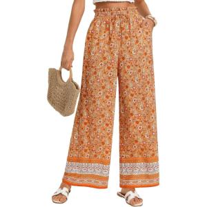 GRACE KARIN Palazzo Pants for Women, Ruffle Drawstring Flowy Trousers with Pockets, Beach Vacation Casual Boho Outfits(Orange Floral)