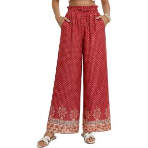 GRACE KARIN Palazzo Pants for Women, Ruffle Drawstring Flowy Trousers with Pockets, Beach Vacation Casual Boho Outfits(Red Bohemian)