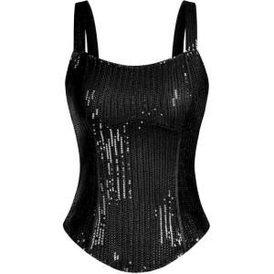 GRACE KARIN Sequin Tank Tops for Women Bustier Corset Top Sparkle Sexy Slim Camisole Sleeveless Party(Black)