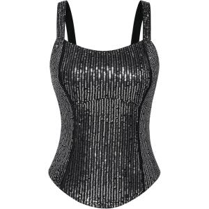 GRACE KARIN Sequin Tank Tops for Women Bustier Corset Top Sparkle Sexy Slim Camisole Sleeveless Party(Black Silver)