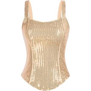 GRACE KARIN Sequin Tank Tops for Women Bustier Corset Top Sparkle Sexy Slim Camisole Sleeveless Party(Champagne)
