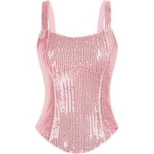 GRACE KARIN Sequin Tank Tops for Women Bustier Corset Top Sparkle Sexy Slim Camisole Sleeveless Party(Pink)