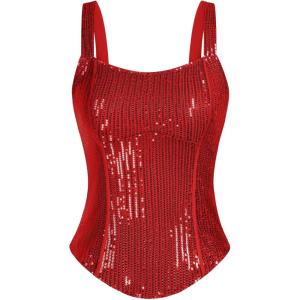 GRACE KARIN Sequin Tank Tops for Women Bustier Corset Top Sparkle Sexy Slim Camisole Sleeveless Party(Red)