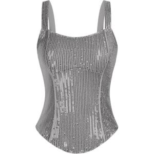 GRACE KARIN Sequin Tank Tops for Women Bustier Corset Top Sparkle Sexy Slim Camisole Sleeveless Party(Silver Grey)