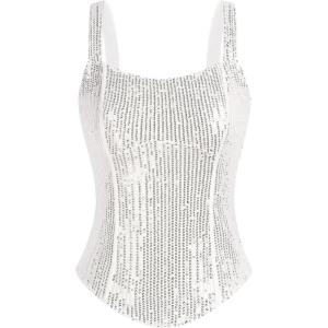 GRACE KARIN Sequin Tank Tops for Women Bustier Corset Top Sparkle Sexy Slim Camisole Sleeveless Party(Silver White)