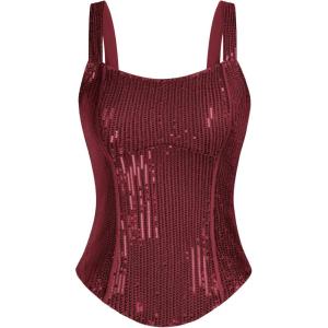 GRACE KARIN Sequin Tank Tops for Women Bustier Corset Top Sparkle Sexy Slim Camisole Sleeveless Party(Wine Red)