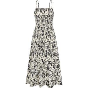 GRACE KARIN Summer Dresses for Women 2026 Vacation, Smocked Floral Maxi Dresses, Boho Beach Long Sundresses with Pockets(Beige Black)