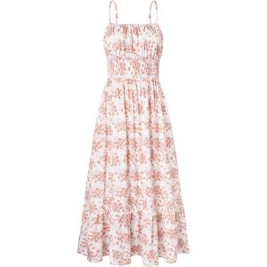GRACE KARIN Summer Dresses for Women 2026 Vacation, Smocked Floral Maxi Dresses, Boho Beach Long Sundresses with Pockets(Beige Floral)