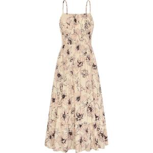 GRACE KARIN Summer Dresses for Women 2026 Vacation, Smocked Floral Maxi Dresses, Boho Beach Long Sundresses with Pockets(Beige Flower)