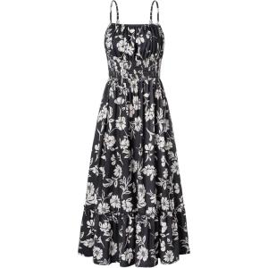GRACE KARIN Summer Dresses for Women 2026 Vacation, Smocked Floral Maxi Dresses, Boho Beach Long Sundresses with Pockets(Black Vine)