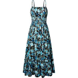 GRACE KARIN Summer Dresses for Women 2026 Vacation, Smocked Floral Maxi Dresses, Boho Beach Long Sundresses with Pockets(Blue Black)