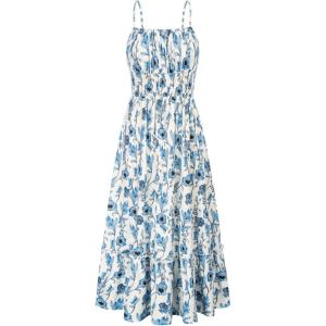 GRACE KARIN Summer Dresses for Women 2026 Vacation, Smocked Floral Maxi Dresses, Boho Beach Long Sundresses with Pockets(Blue Floral)