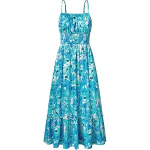 GRACE KARIN Summer Dresses for Women 2026 Vacation, Smocked Floral Maxi Dresses, Boho Beach Long Sundresses with Pockets(Blue Green)