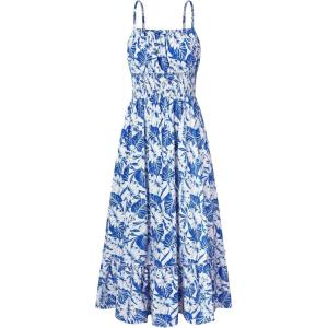 GRACE KARIN Summer Dresses for Women 2026 Vacation, Smocked Floral Maxi Dresses, Boho Beach Long Sundresses with Pockets(Blue Leaves)
