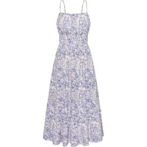GRACE KARIN Summer Dresses for Women 2026 Vacation, Smocked Floral Maxi Dresses, Boho Beach Long Sundresses with Pockets(Blue White Floral)