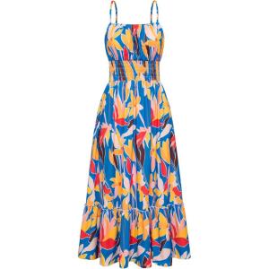 GRACE KARIN Summer Dresses for Women 2026 Vacation, Smocked Floral Maxi Dresses, Boho Beach Long Sundresses with Pockets(Blue Yellow Floral)