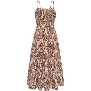 GRACE KARIN Summer Dresses for Women 2026 Vacation, Smocked Floral Maxi Dresses, Boho Beach Long Sundresses with Pockets(Brown Floral)