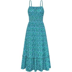 GRACE KARIN Summer Dresses for Women 2026 Vacation, Smocked Floral Maxi Dresses, Boho Beach Long Sundresses with Pockets(Green Blue)