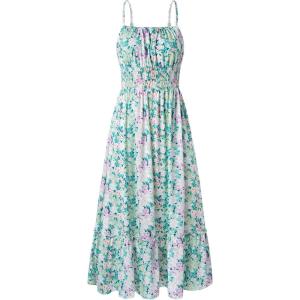 GRACE KARIN Summer Dresses for Women 2026 Vacation, Smocked Floral Maxi Dresses, Boho Beach Long Sundresses with Pockets(Green Flower)