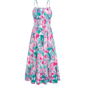 GRACE KARIN Summer Dresses for Women 2026 Vacation, Smocked Floral Maxi Dresses, Boho Beach Long Sundresses with Pockets(Green Pink Floral)
